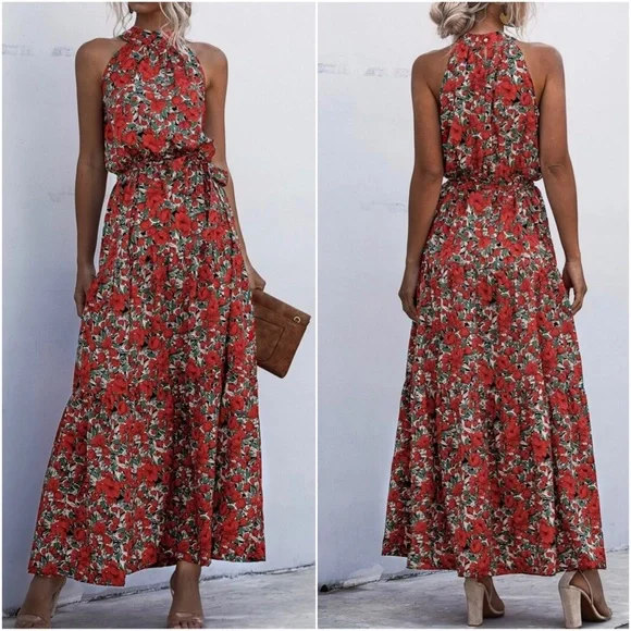 10 - Boho Red Floral Print Romantic Halter Maxi Dress - Picture 2 of 3